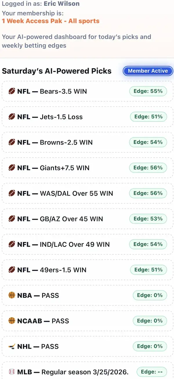 NFL picks results showing 7 wins and 1 loss inside the AI Smart Picks member dashboard