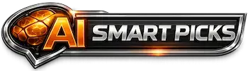 AI Smart Picks high-tech metallic sports betting logo with futuristic silver lettering, glowing orange AI brain icon, and sleek black chrome design on transparent background.