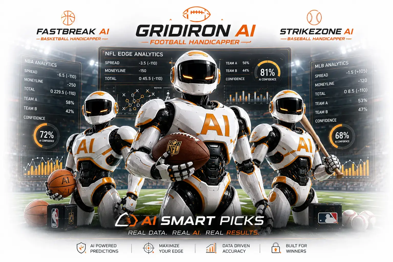 AI Sports Bet Pick bots Gridiron AI, Fastbreak IQ, and Strikezone AI Delivering Football, Basketball and Baseball Picks & analysis