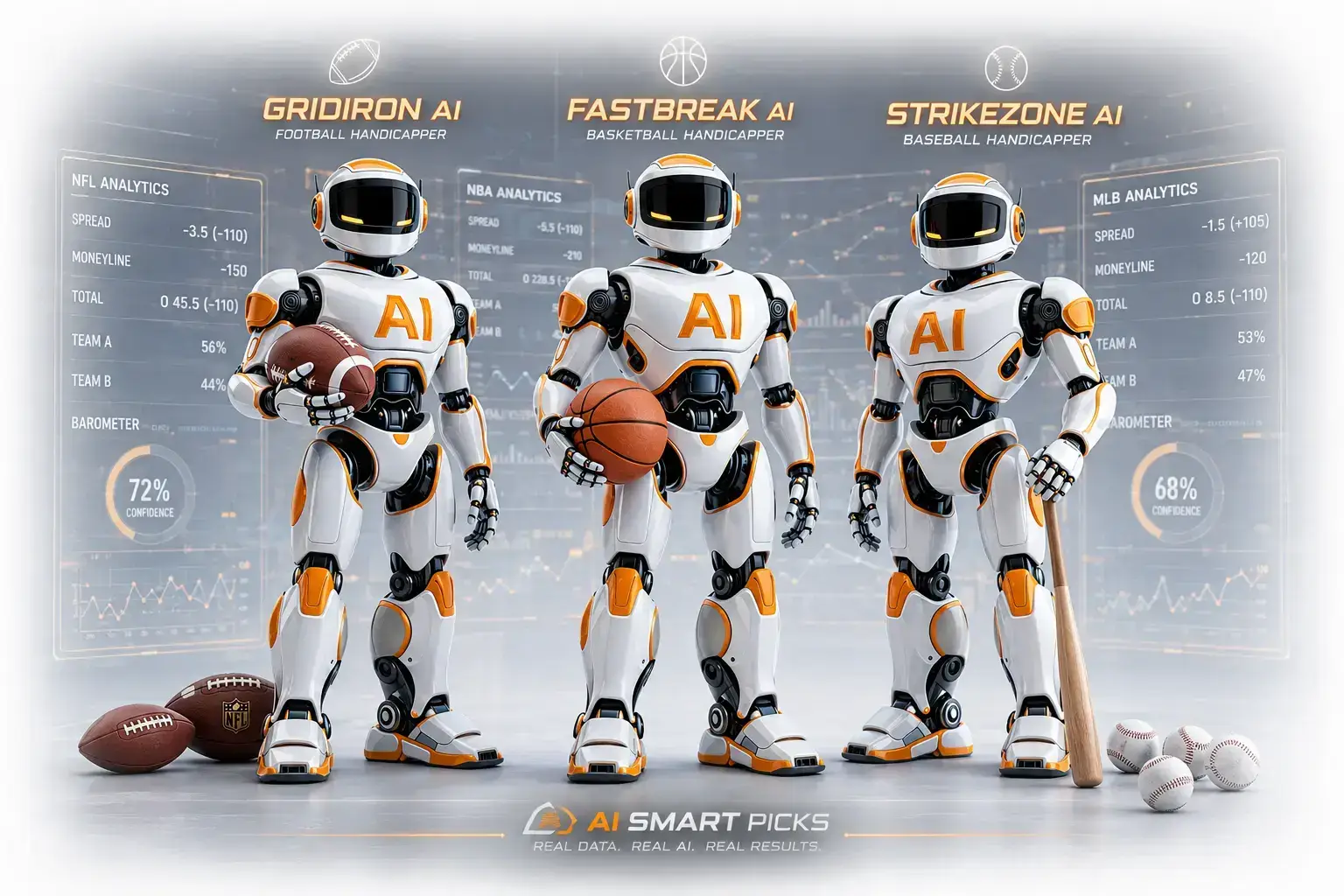 AI Sports Bet Pick bots Gridiron AI, Fastbreak IQ, and Strikezone AI Delivering Football, Basketball and Baseball Picks & analysis